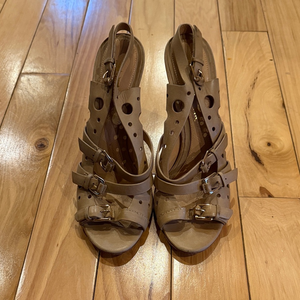 L.A.M.B. Tan Strappy Buckle Heeled Sandals